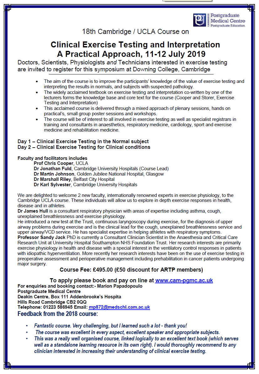 18th Cambridge Ucla Course On Clinical Exercise Testing - 